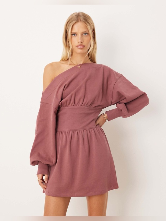 ASOS Dresses & Skirts - ASOS DESIGN Cotton Slash Neck One Shoulder Mini Dress in Deep Rose Size 12